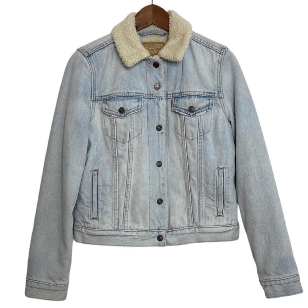 Levi's Jacket Womens Small Light Blue Sherpa Fleece Denim Trucker Jacket